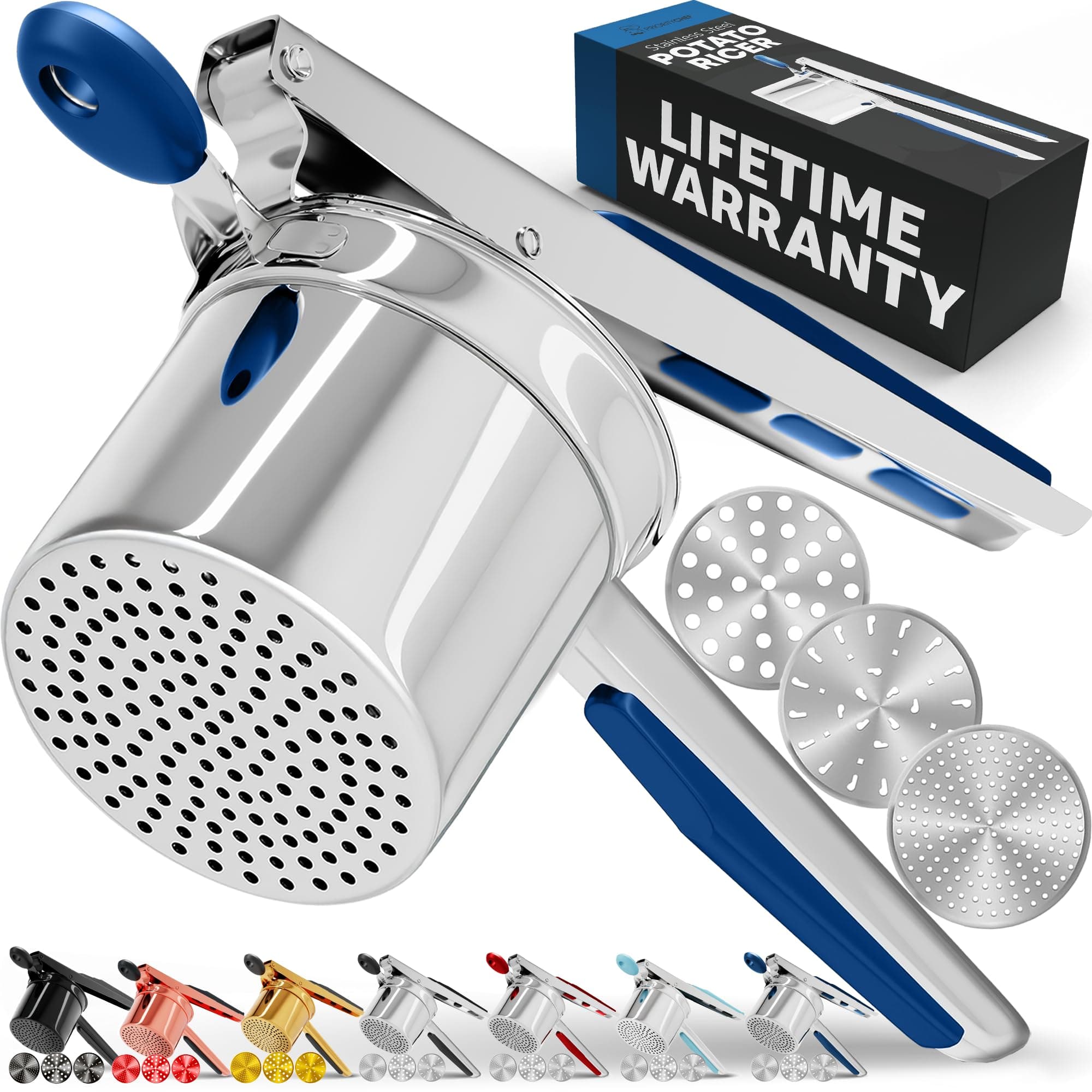PriorityChef Large 15oz Potato Ricer with 3 Discs, Heavy Duty Stainless Steel Potato Ricer for Mashed Potatoes, Potato Masher, Press and Ricer Kitchen Tool, Blue