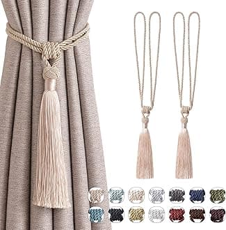 Pretty Jolly 2 Pack Long Tassel Curtain Tiebacks Handmade Braided Rope Knot Drape Tie Backs European Style Decorative Curtain Holdbacks for Home & Office Window Drapery (Dark Beige)