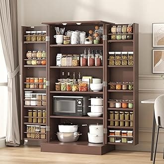 47" Tall Kitchen Pantry Cabinet, Brown Pantry Storage Cabinet with Adjustable Shelves, Barn Doors and Drawer Farmhouse Cupboard for Kitchen, Dining Room, Bathroom (16" D x 24" W x 47")