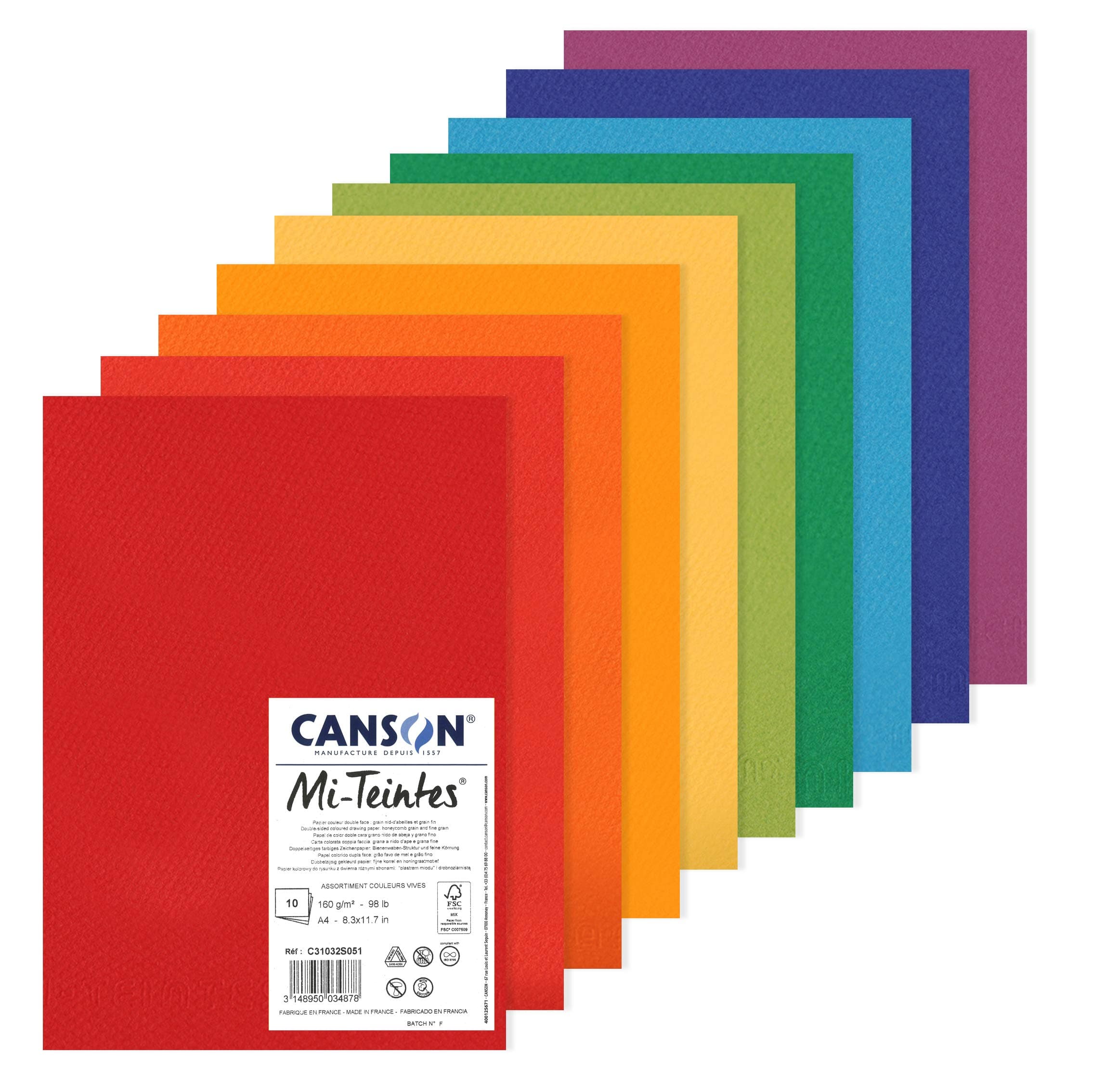 CANSON Mi-Teintes Color Drawing 160gsm A4 Paper Pack Double-sided: Honeycomb & Fine Grain 10 Bright Color Sheets Perfect for Professional Artists and Illustrators