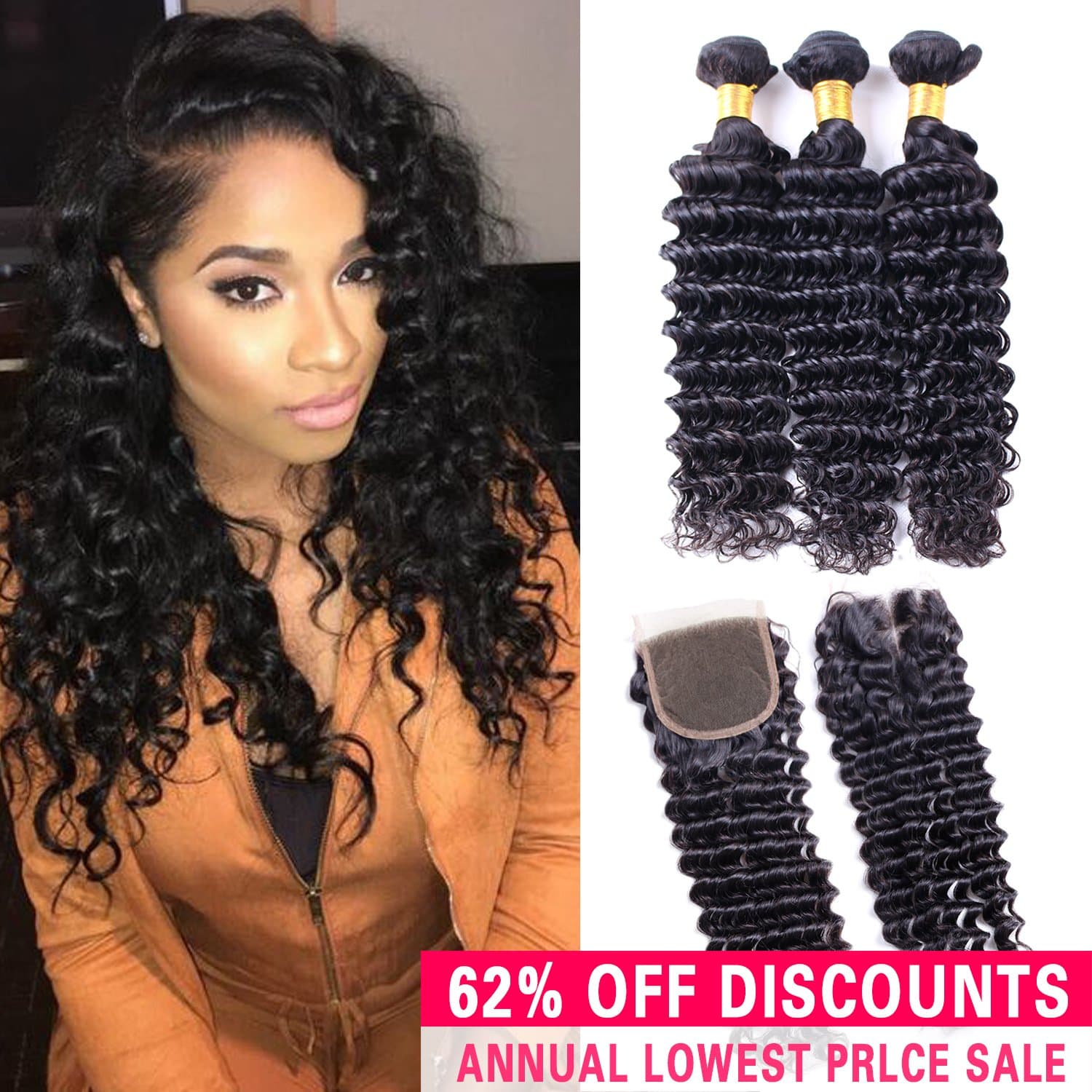 Brazilian Deep Wave Human Hair 3 Bundles With Closure Unprocessed Virgin Remy Deep Wave Curly Human Hair Weave Extensions With Lace Closure 4x4 Three Part (12 14 16 +12 closure)