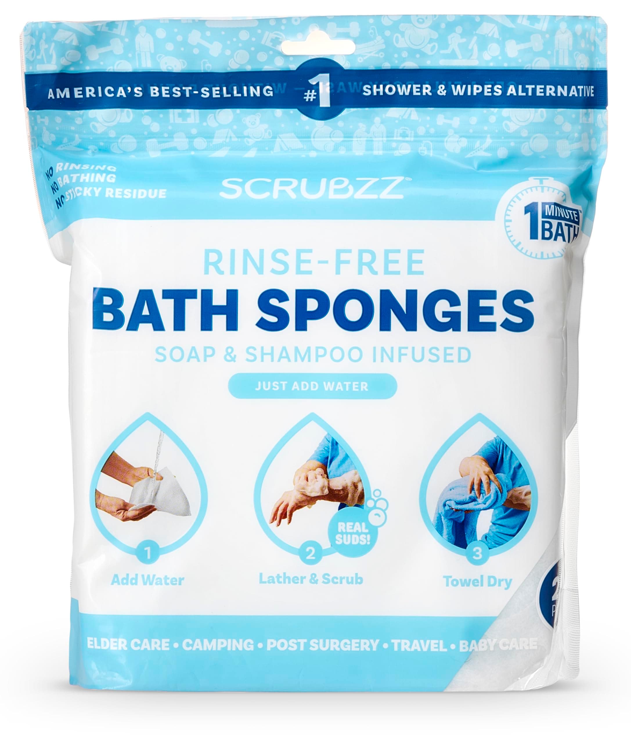 Scrubzz Disposable No Rinse Bathing Wipes - 25 Pack - All-in-1 Single Use Shower Wipes, Simply Dampen, Lather, and Dry Without Shampoo or Rinsing