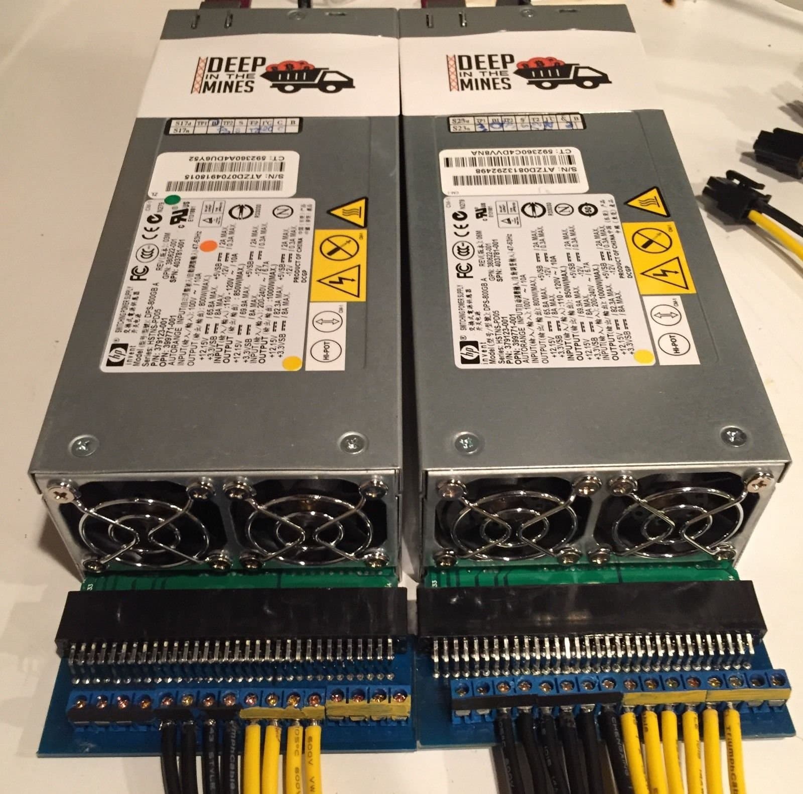 Power Supply Kit for Antminer S7. (2) Original HP 1000w PSU, (2) X-Adapter Rev: 2, (10) pair 14AWG THHN PCIe cables. 110/120V or 208/240volt compatible