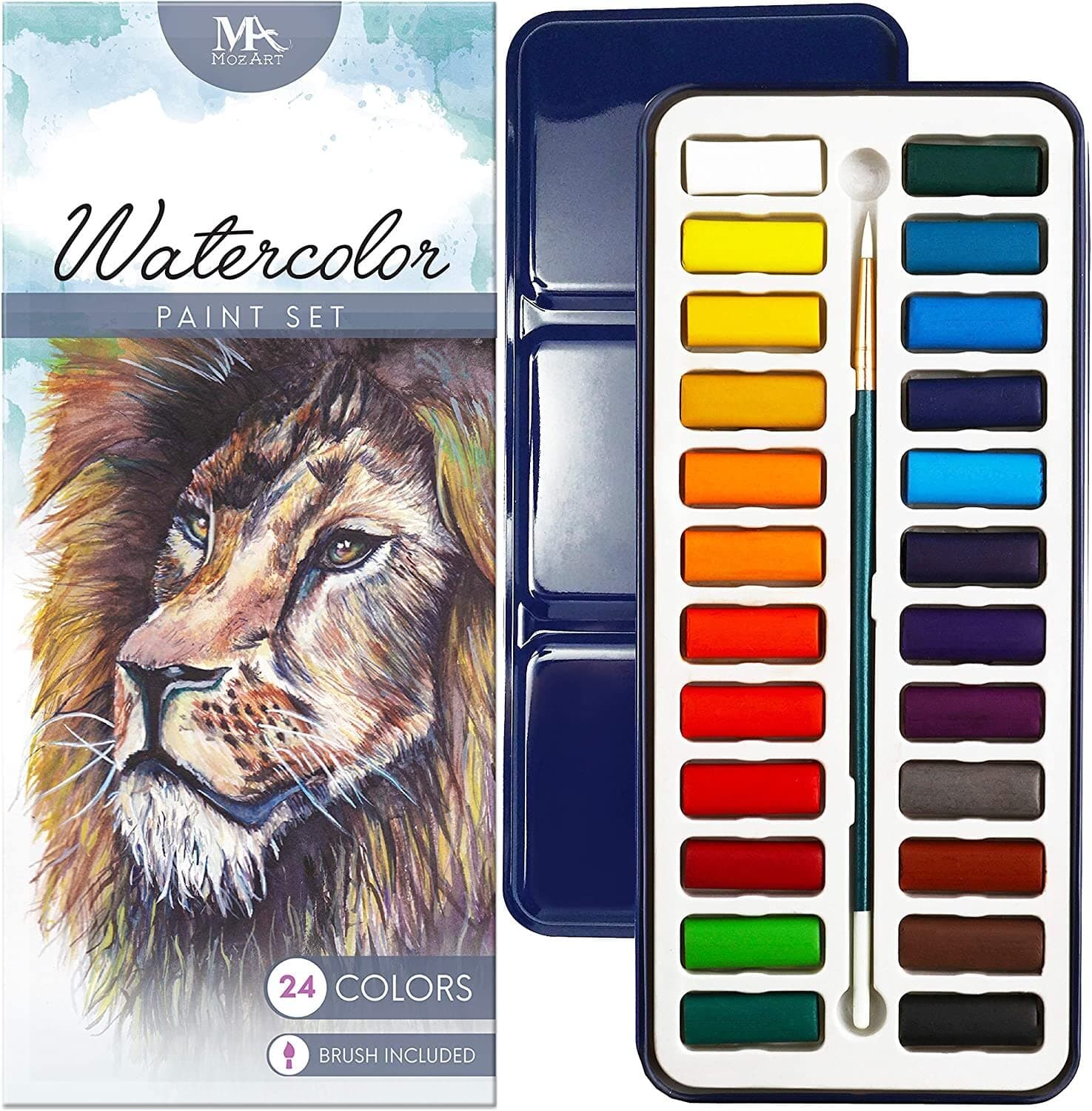 Watercolor Paint Essentials Set - Lightweight and Portable Metal Box - Lid Has 3 Partitions for Color Mixing - Easy-to-Blend Non-Toxic Formulation - 24 Vibrant Colors with Paintbrush