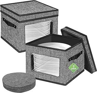 homyfort China Storage Containers With Lid and Handles, Dinnerware Storage Box for Dishes with 12 Felt Dividers, Hold 24 Plates, 12x 12, Set of 2, Grey