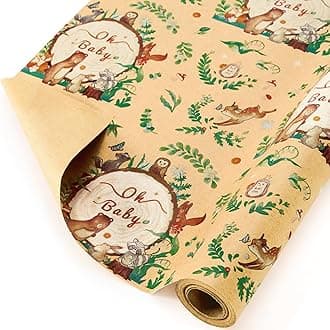 WERNNSAI Baby Shower Wrapping Paper Roll - 1 Roll 17” x 33 ft Baby Kraft Birthday Wrapping Paper Oh Baby Girl Gift Wrap Papers for Baby Shower Bday Party Favor Woodland Animals Design