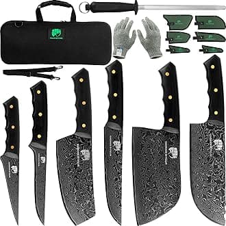 FULLHI chef butcher knife set professional- Black panther print Japanese Damascus - feel firm grip Handle-include Knife Sheath,Knife sharpening stick,knife box
