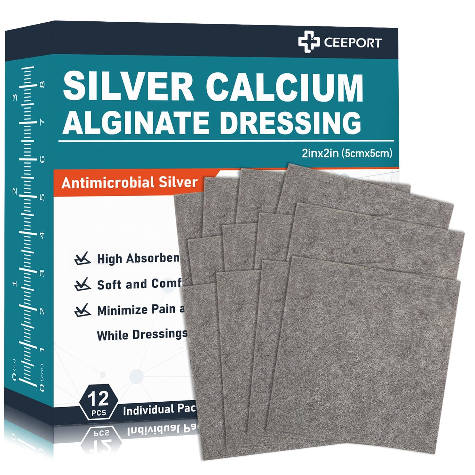 Ceeport 2 "x 2" Ag Silver Calcium Alginate Wound Dressing Pads, 12 Individual...
