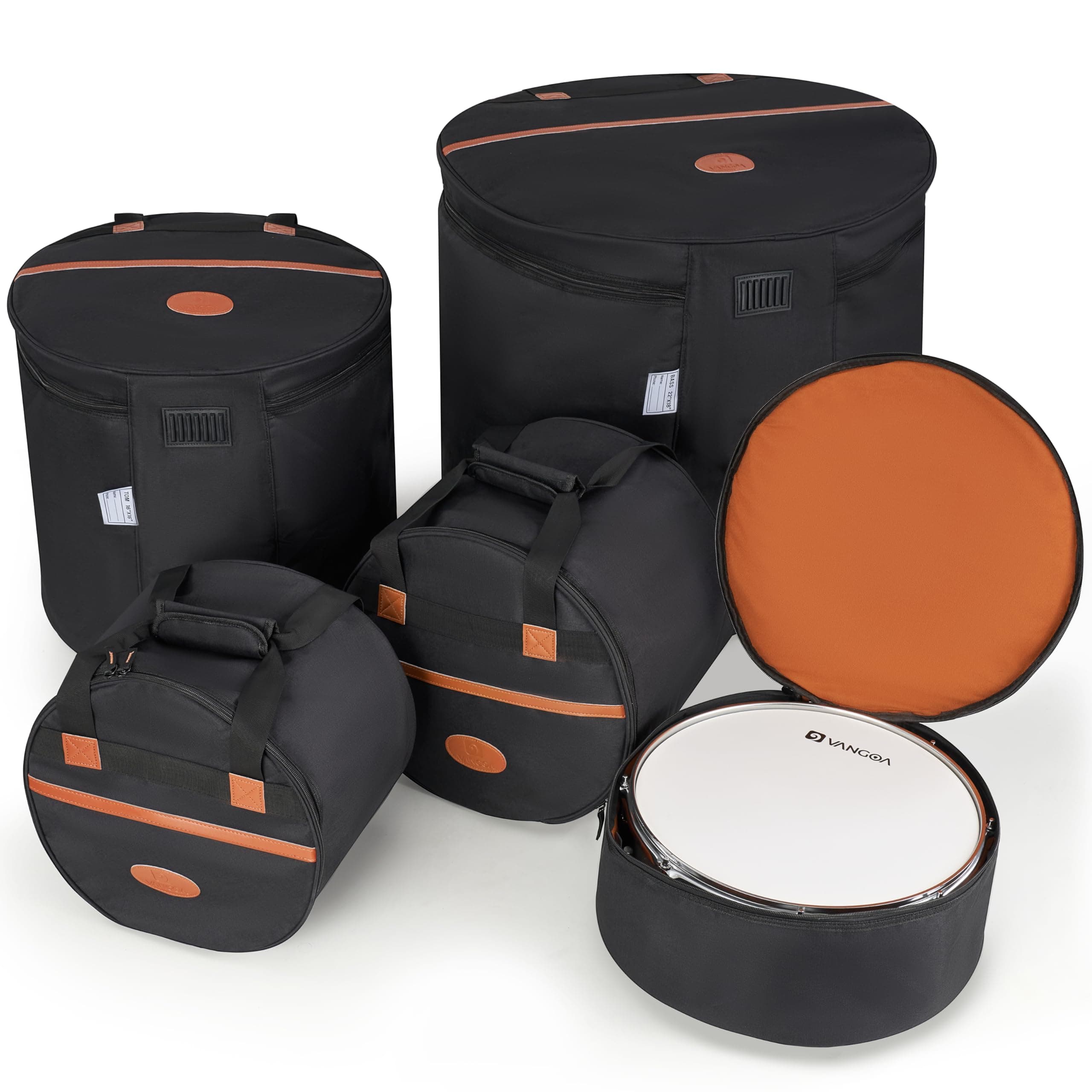 Vangoa 5-Piece Drum Bag Set for Standard Kits, More Thick Padding for Drumset Protection, Travel Drum Cases for 12" Tom, 10" Tom, 14" Snare, 16" Floor Tom, 22" Bass Drum,