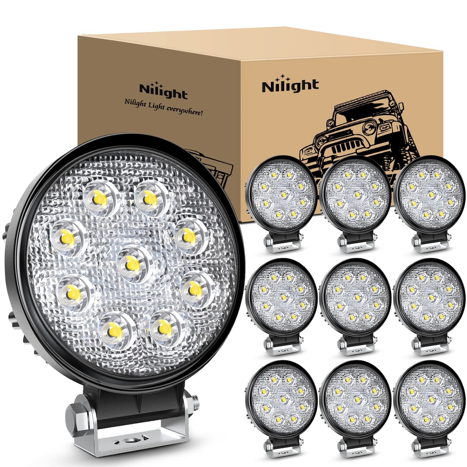 Nilight 4.5 Inch Round 27W Spot LED Work Light Fog Light Waterproof Offroad Driving Led light for Jeep SUV Boat Truck ATV Car, 2 year Warranty (10 pack) (15015S-E)