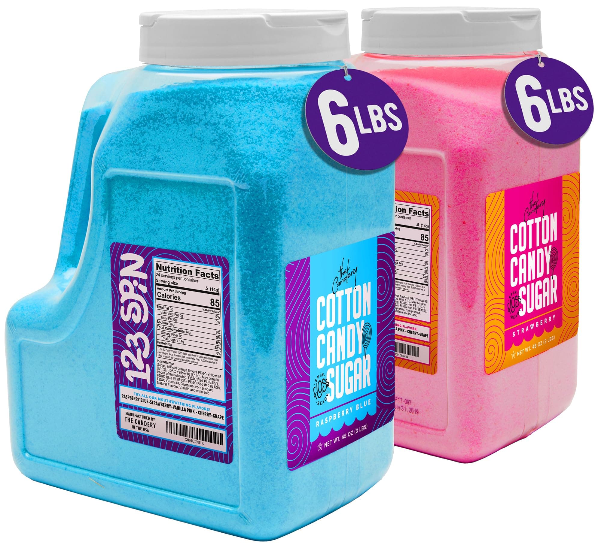 The Candery Cotton Candy Floss Sugar 6lbs 96oz jars- 2 Pack Strawberry and Raspberry