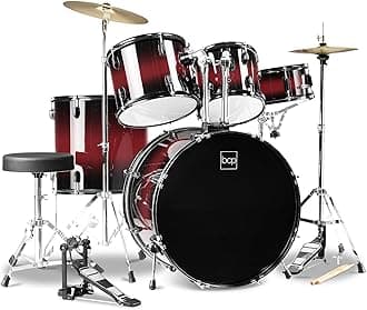 5-Piece Full Size Complete Adult Drum Set w/Cymbal Stands, Stool, Drum Pedal, Sticks, Floor Tom - Dark Cherry Sunburst