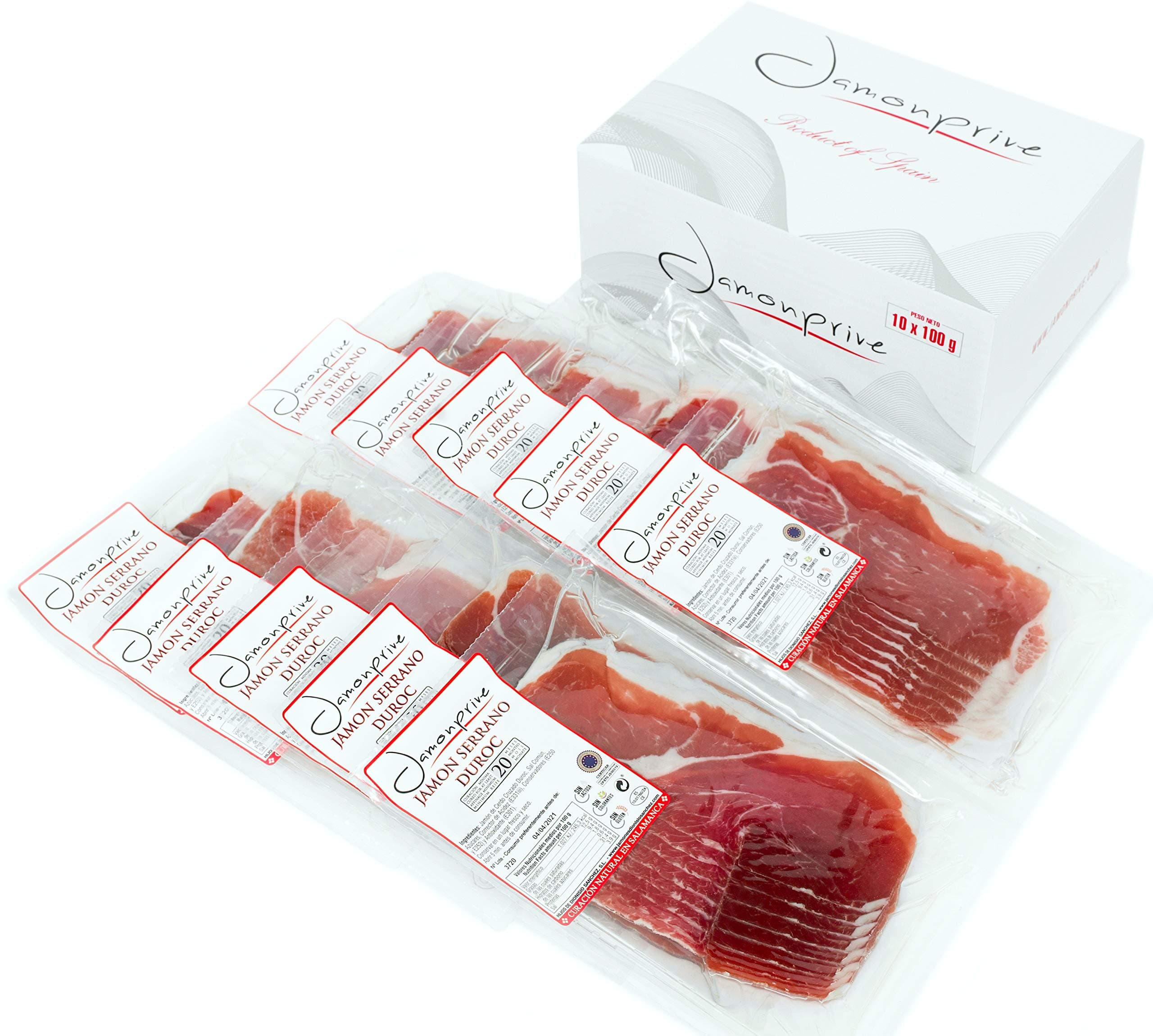 Serrano Ham Cured Duroc Sliced 1 Kg (10 sachets of 100 gr Each) - Spanish Jamon Serrano Jamonprive