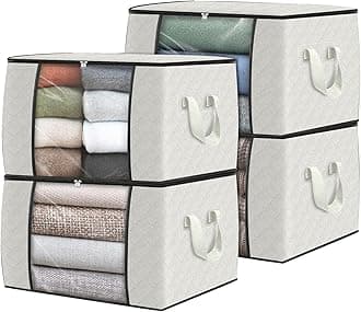 Fab totes 4 Pack Clothes Storage, Foldable Thick Fabric Blanket Storage Bags, Containers for Organizing Bedroom, Closet, Clothing, Comforter,Organization with Handle,Ivory White