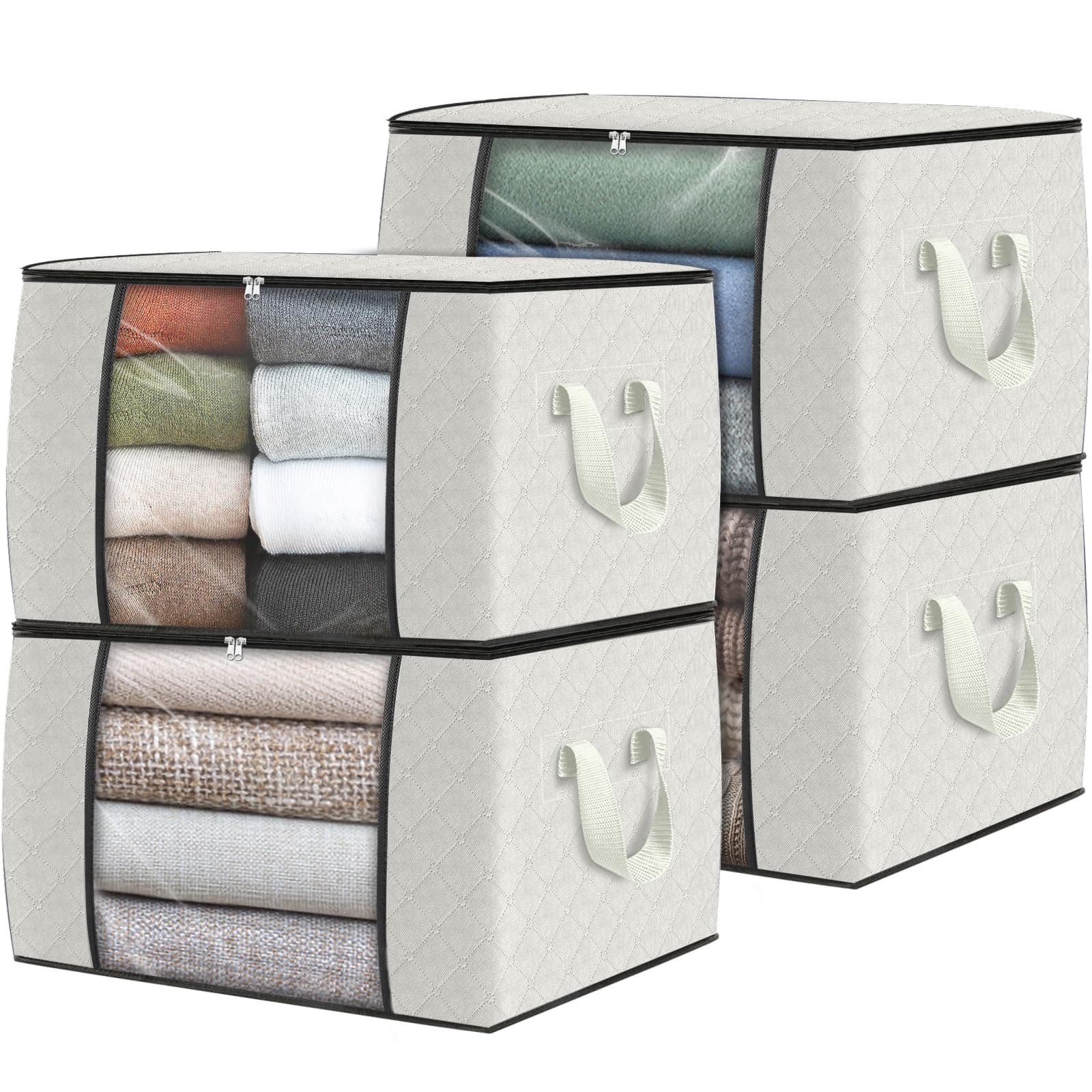 4 Pack Clothes Storage, Foldable Thick Fabric Blanket Storage Bags, Containers for Organizing Bedroom, Closet, Clothing, Comforter, Organization with Handle,Ivory White
