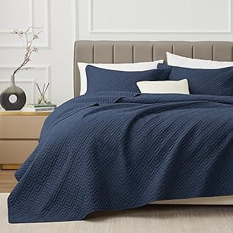 EXQ Home Quilt Set Full Queen Size Navy 3 Piece,Lightweight Soft Coverlet Modern Style Squares Pattern Bedspread Set(1 Quilt,2 Pillow Shams)