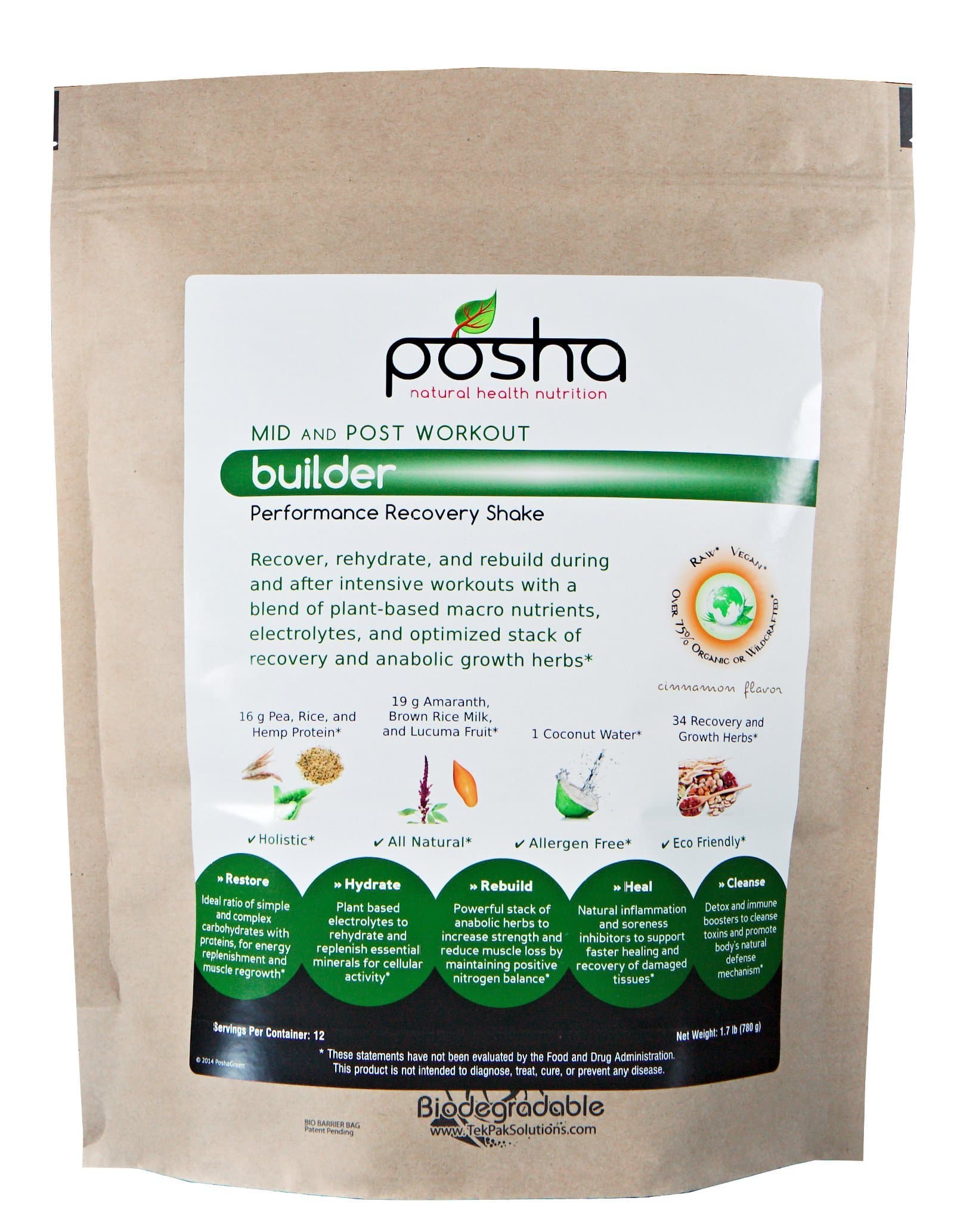 Posha All Natural Mid and Post Workout Builder (Sweet Cinnamon Flavor, 14 Servings)