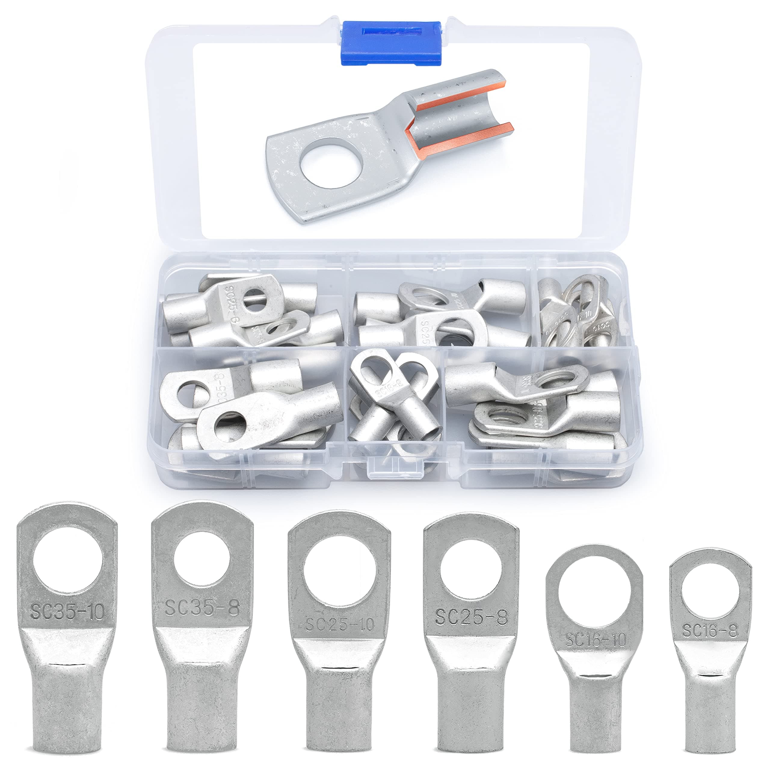 30 PCS Tinned Copper Wire Lugs Kit - Battery Lugs - Crimp Battery Cable Ends - Ring Terminals - 6-2 Gauge