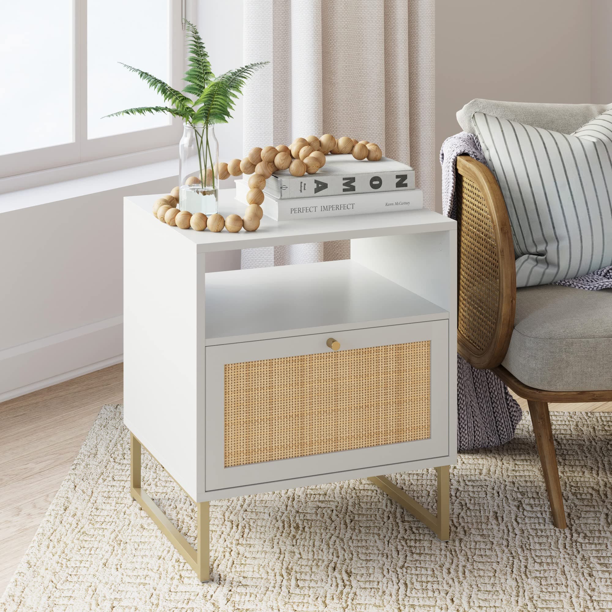 Mina Rattan Wood End Side Accent Table Nightstand with Storage for Living Room or Bedroom, 1, White/Gold
