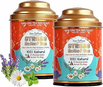 - Sancha Tea Boutique, Stress Relief Herbal Tisane, 25 Pyramid Bags × Pack of 2, Caffeine Free Infusion of Chamomile, Lavender & Mint, Calming & Relaxing Floral Blend