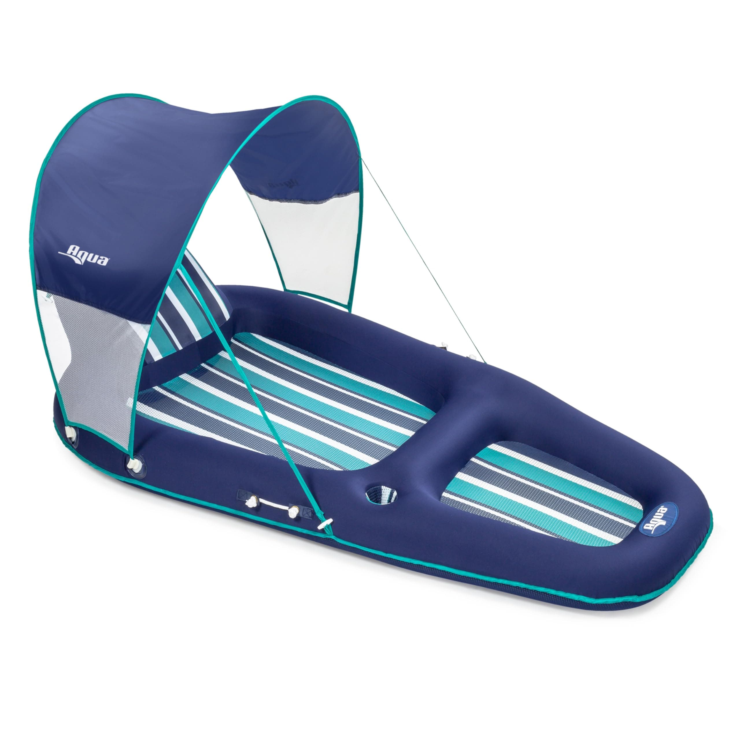 Aqua LEISURE Ultimate Pool Float Lounger With Upf 50 Canopy And Cupholder â€“ Heavy Duty, Inflatable Pool Lounge For Adults â€“ Navy/Aqua/White Stripe