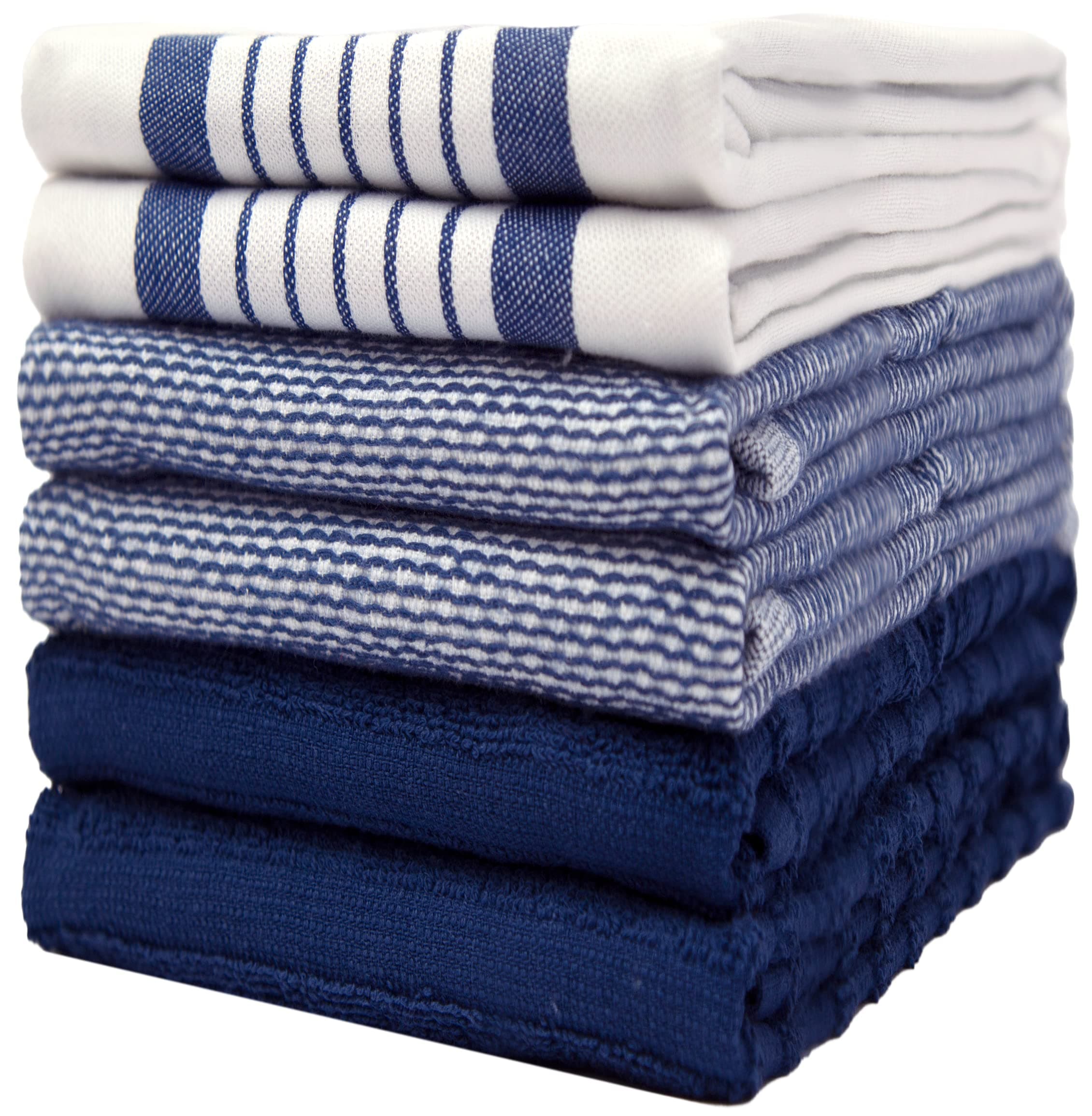 Premium Kitchen Towels (20”x 28”, 6 Pack) – Large Cotton Kitchen Hand Towels – Striped Flat & Terry Towel – Highly Absorbent Tea Towels Set with Hanging Loop – Navy Blue