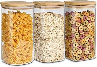 ComSaf Airtight Glass Storage Canister with Wood Lid (50oz), Clear Food Storage Container Jar with Sealing Bamboo Lid for Noodles Flour Cereal Rice Sugar Tea Coffee Beans, Set of 3