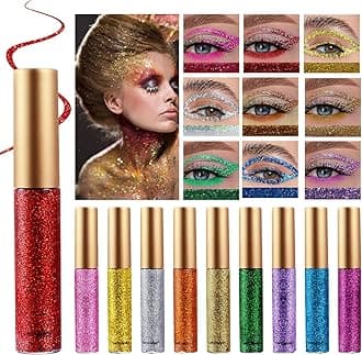 Spdoo Glitter Liquid Eyeliner, 10 Colours Waterproof Shimmer High Pigmented Silver Gold Metallic Colourful Eyeliners