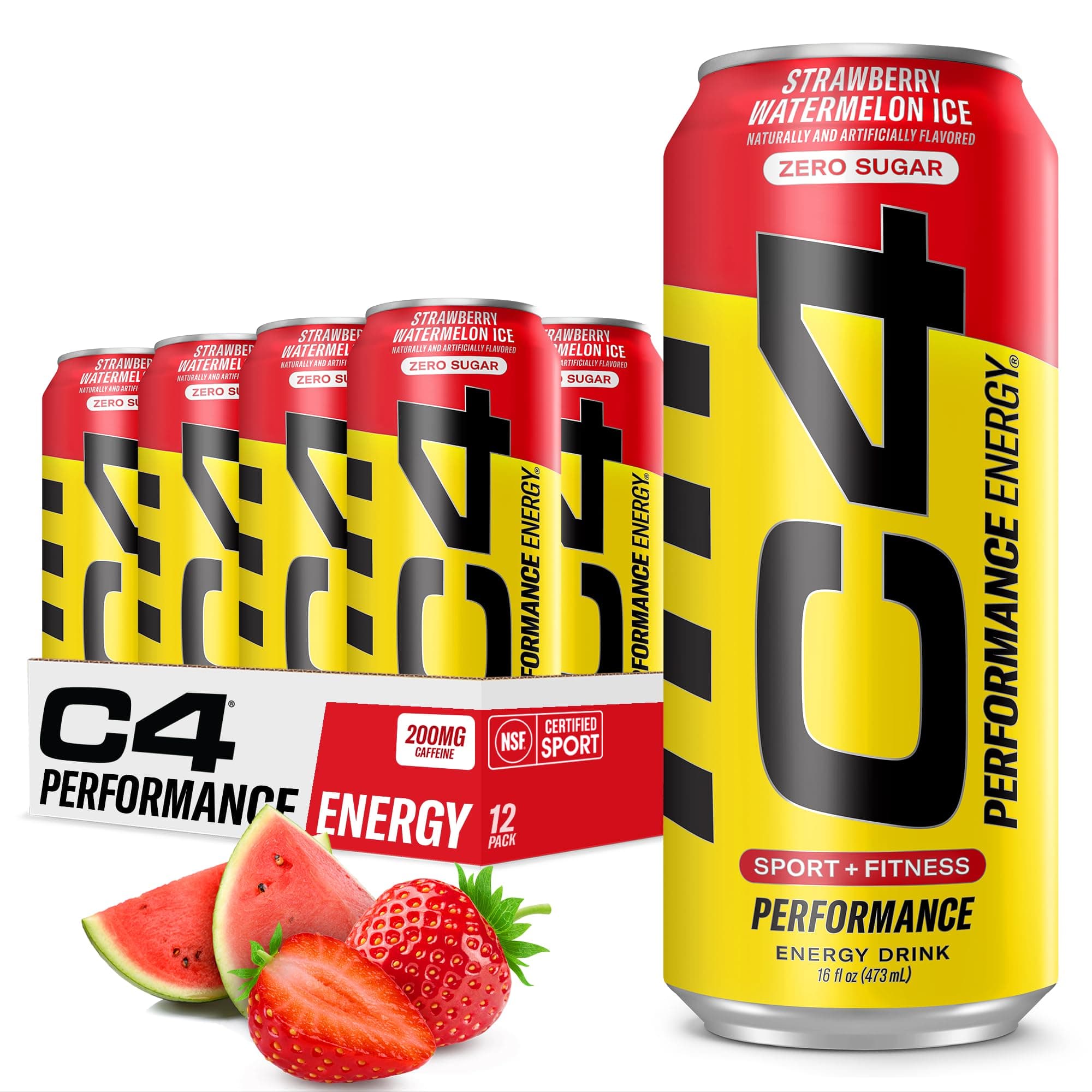 Cellucor C4 Energy Carbonated Zero Sugar Energy Drink, Pre Workout Drink + Beta Alanine - Strawberry Watermelon Ice - 16 FL OZ (473 ml) - Pack of 12 (Packaging May Vary)