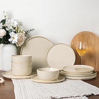 GBHOME Ceramic Dinnerware Sets for 4, 12 Pieces Stoneware Plates and Bowls Sets, Scratch Resistant Dishes, Dishwasher & Microwave Safe, Reactive Glaze-Vanilla color