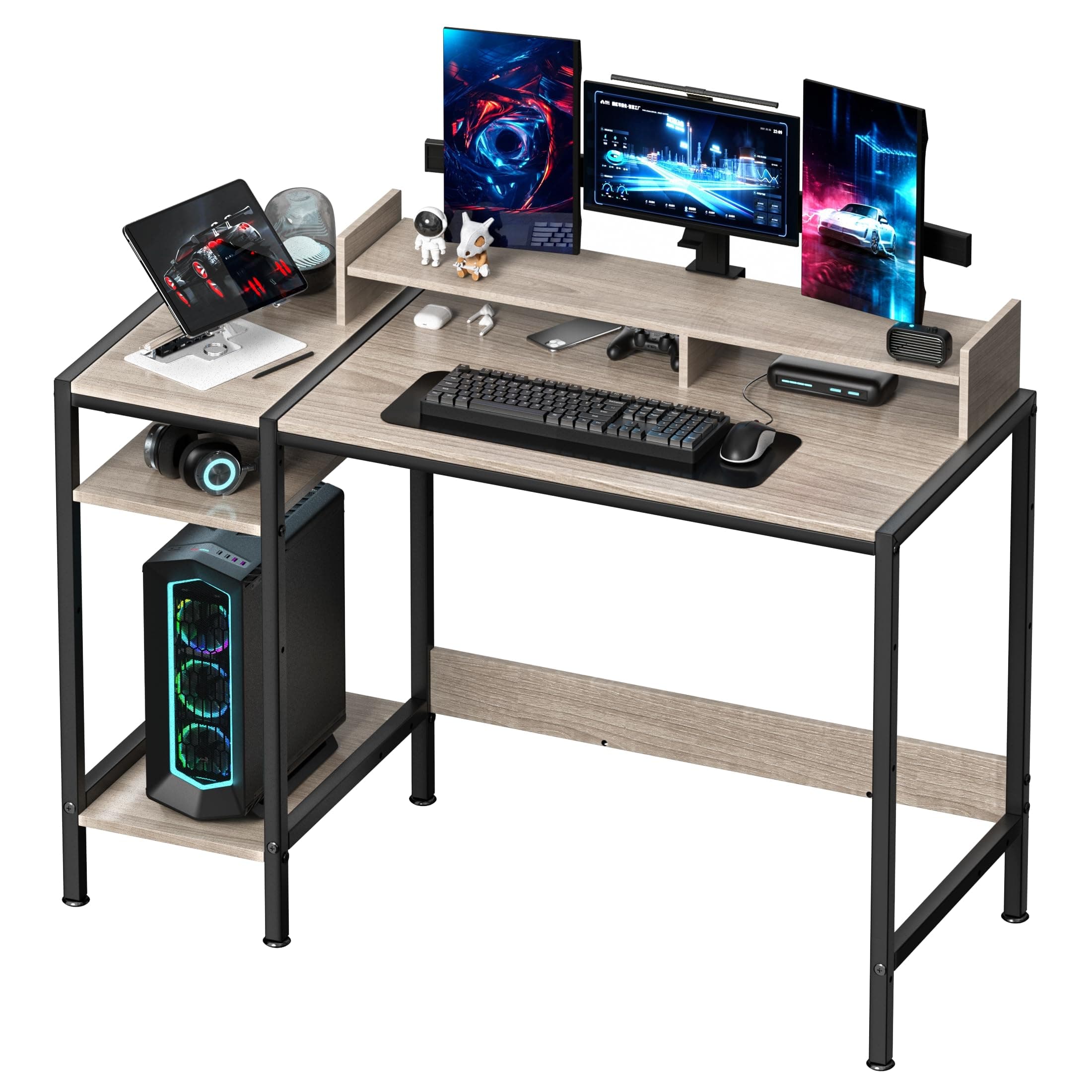 Computer Desk - 39 Inch Home Office Desk with Storage, Gaming Desk with Monitor Stand, Modern Simple Study Table, Adjustable Storage Space, Gray