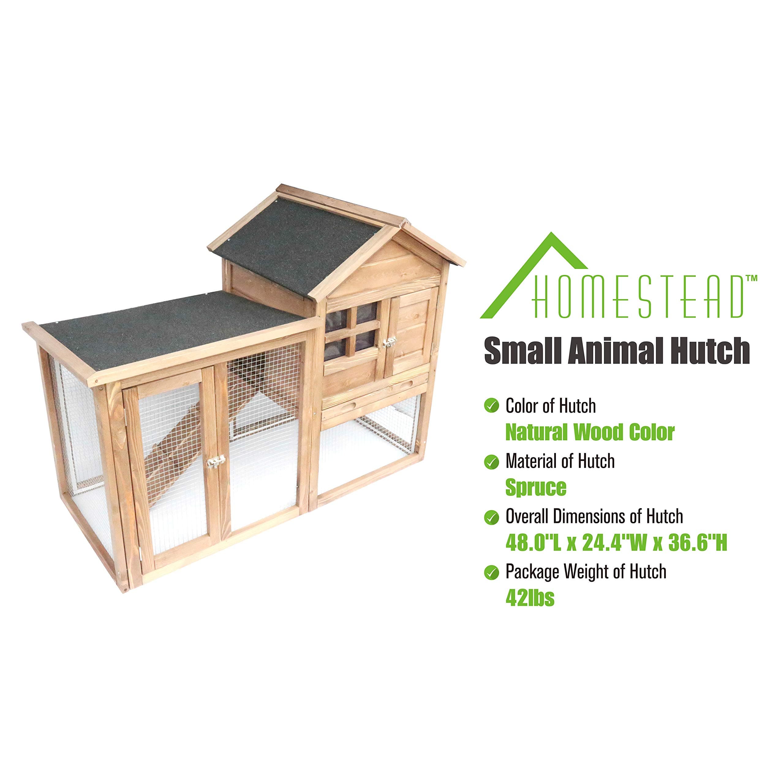 Homestead 86-438 Solid spruce wood Easy to assemble Small Animal Hutch with heavy-duty latches and an asphalt roof , assembled dimensions 48.0"X24.4"X36.6" ,Natural