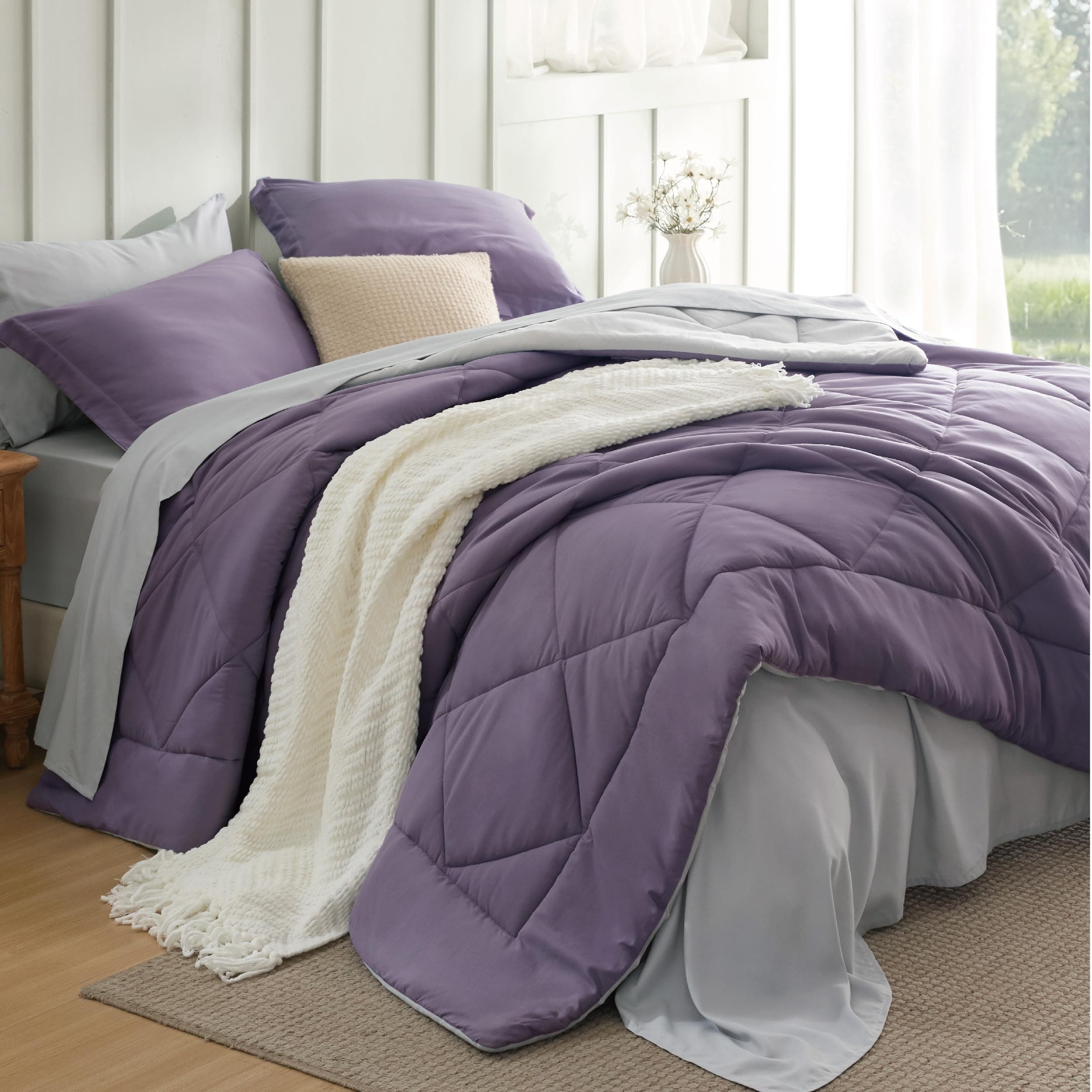 Bedsure Grayish Purple Full Size Comforter Set - 7 Pieces Reversible Full Bed in a Bag, Full Bed Set Grayish Purple and Grey with Comforters, Sheets, Pillowcases & Shams