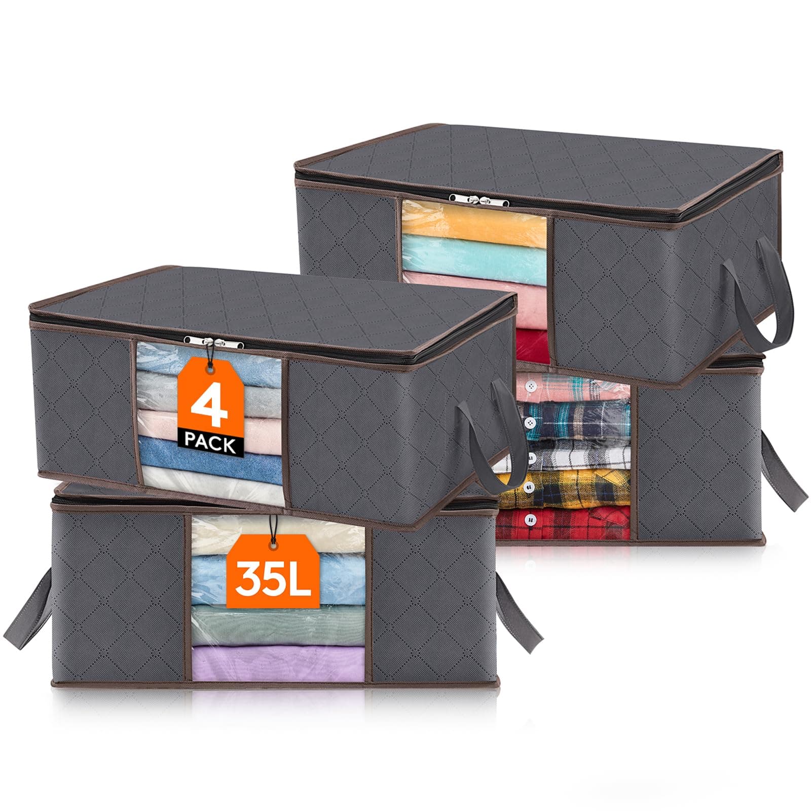 Lifewit 4 Pack Clothes Storage Bag Foldable Storage Boxes with Lids Underbed Wardrobe Storage Organiser with Sturdy Fabric Clear Window for Clothing Bedding Sweaters T-shirts Blankets, 35L, Grey