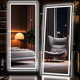 - Hasipu Full Length Mirror with Lights, 71" x 24" LED Lighted Floor Standing, Full Body Dressing Hanging Mounted Mirror, Dimmable, Tempered Glass, Safe to Use, Square Black
