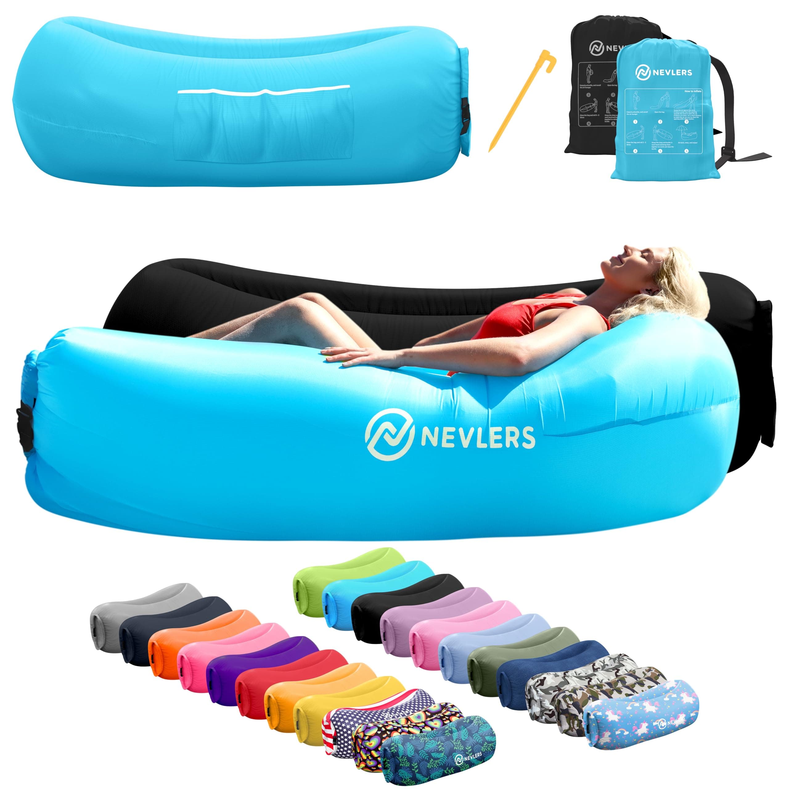 Nevlers Black & Blue Inflatable Lounger 2 Pack | 210T Polyester Inflatable Couch Set |No-Pump Blow Up Couch | Outdoor Furniture w/ 450lbs. Capacity, Pockets & Carry Bags For Use as Festival Essentials