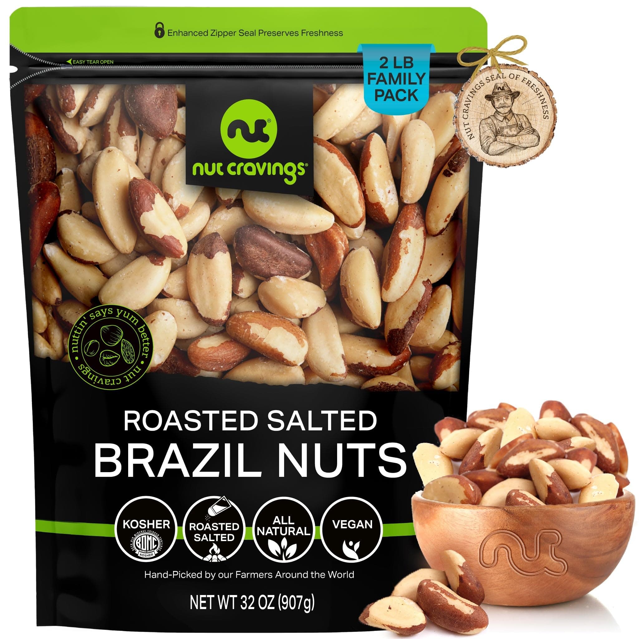 NUT CRAVINGS - Brazil Nuts Roasted & Salted - No Shell, Whole (32oz - 2 LB) Bulk Nuts Packed Fresh in Resealable Bag - Healthy Protein Food Snack, All Natural, Keto Friendly, Vegan, Kosher