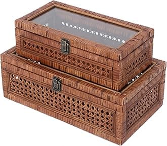 Rattan and Cane Stacking Boxes with Glass Top Lid - Set of 2 11.8" and 14.1", for Boho and Rustic Farmhouse Decor, Brown