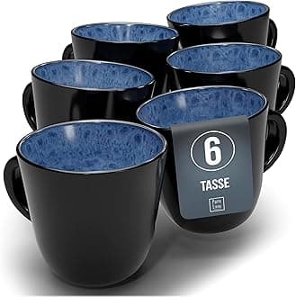 PURE LIVING INTERIOR DESIGN Stoneware Coffee Cups for 6 People Ibiza Mediterranean Test Very Good Mug Set, Dishwasher, Microwave and Scratch Resistant - Stylish Tea and Coffee Mug Set - in Deep Blue