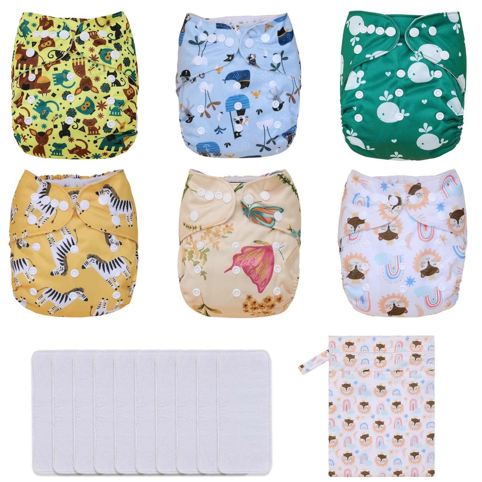 TDIAPERS Cloth Diapers Washable Reusable One Size Adjustable for Baby 6 Pack with 10 Inserts, 1 Wet Bag