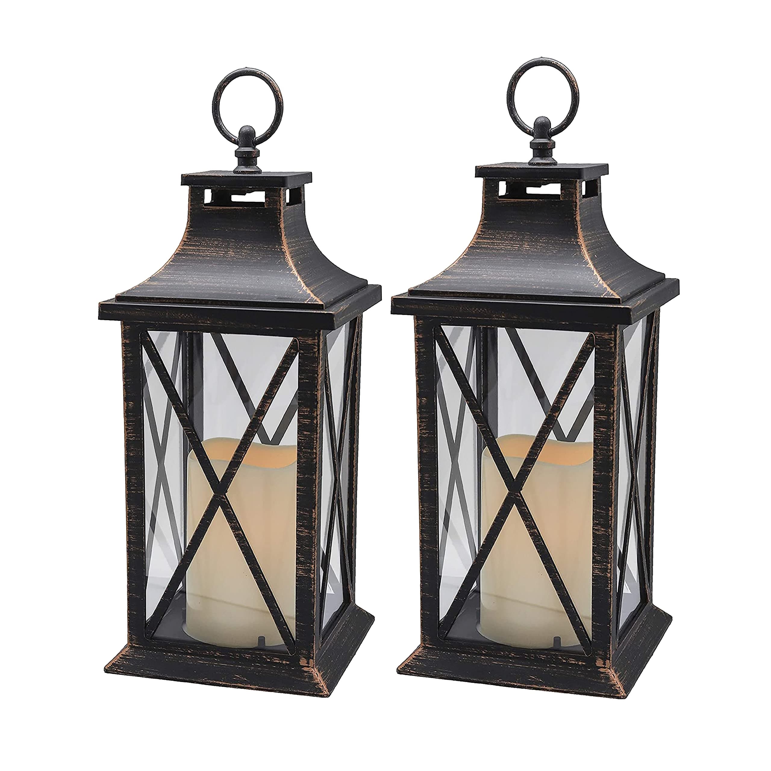 YAKii 14" Decorative Candle Lantern LED Flameless Candle Timer, Plastic LED Candle & Holder, Indoor & Outdoor Hanging Lights,Christmas Day Decoration (Antique Copper Brushed 2 PCS)
