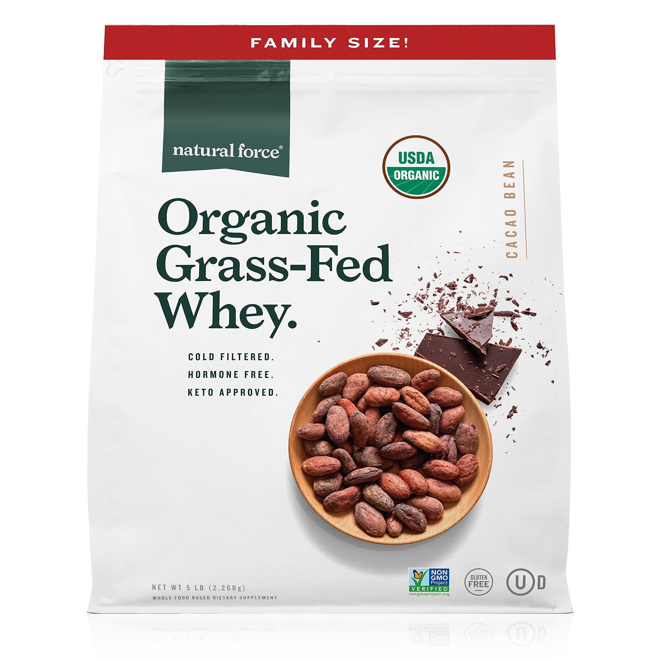 Natural Force Whey Protein Powder – Chocolate, 5 lbs – Grass Fed Organic, Pure, Keto & Paleo Friendly, Low Carb, Kosher, Non GMO – Family Size A2 Protein