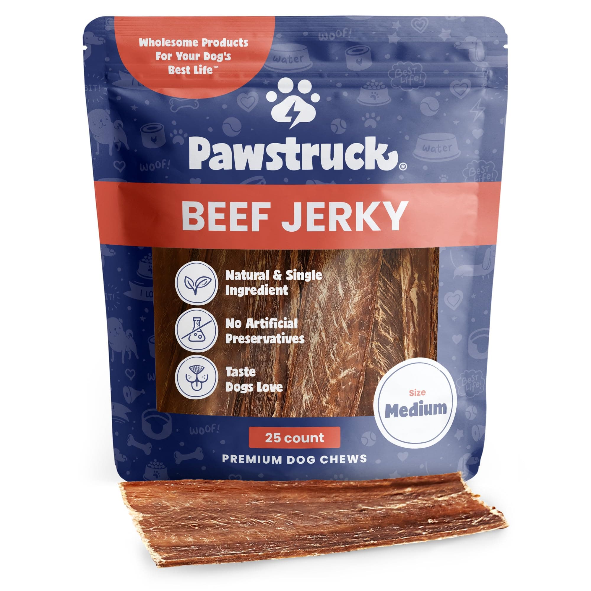 Pawstruck Premium Beef Jerky Dog Treat Chews, Medium 4"-6" Strips – Supports Hip & Joint Health, Rich in Glucosamine & Chondroitin, No Added Preservatives – 25 Count