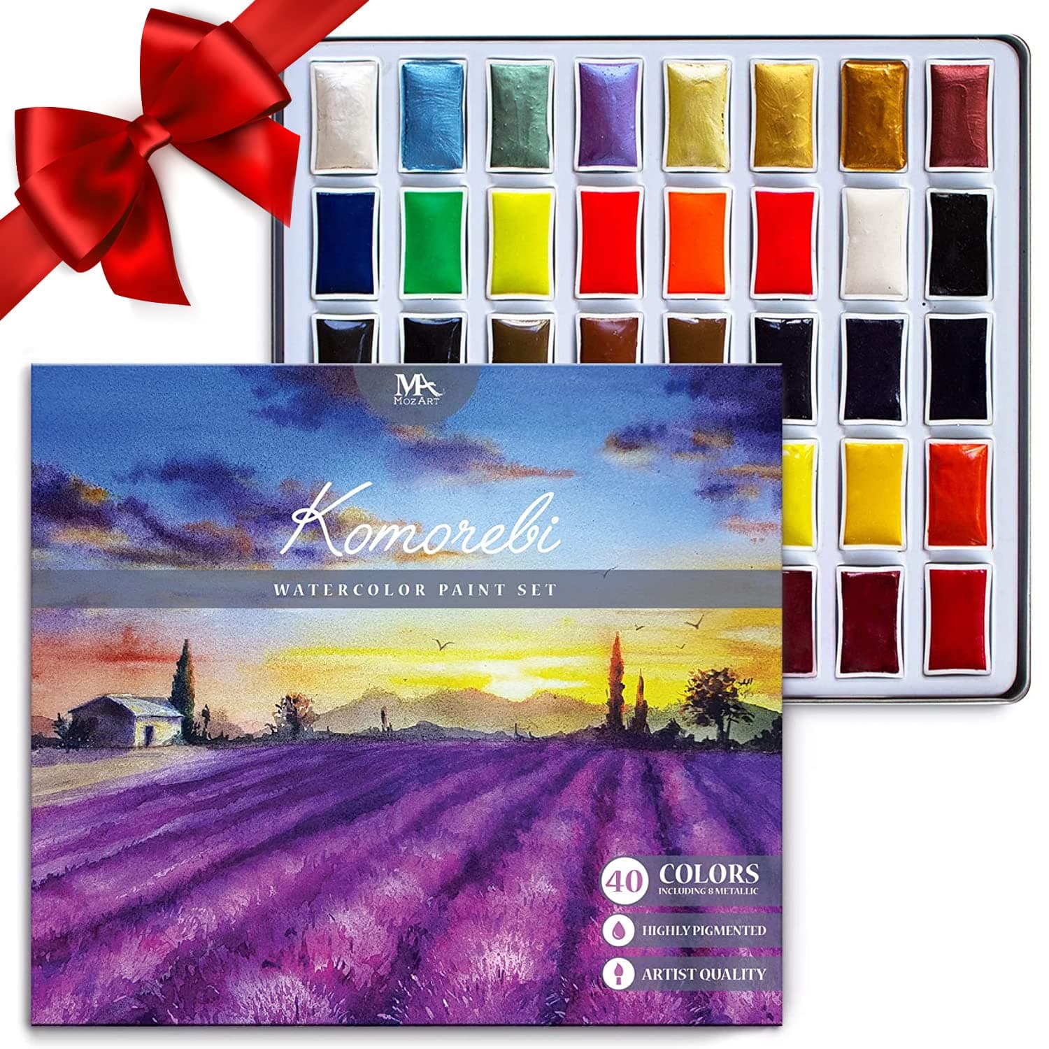 Mozart Premium Japanese Watercolor Paint Set - 40 Rich Colors with Metallic, Neon Pans - Artist-Quality Set for Adults, Kids & Students - Water Color - Metallic Watercolor Paints