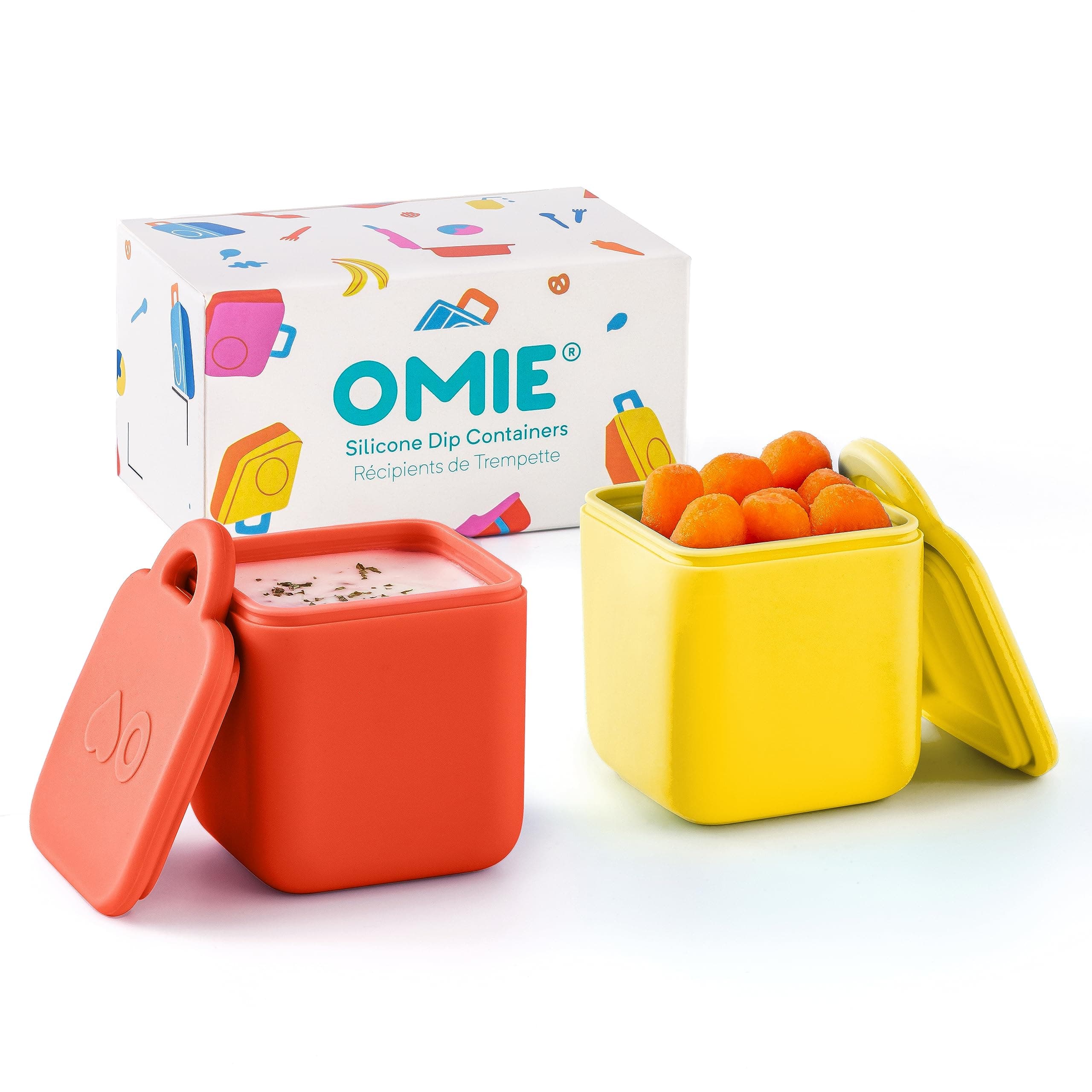 OmieBox (2 Pack) Leakproof Dips Containers to Go, Salad Dressing Container, Condiment Container with Lids - Food Safe Silicone - 4 Ounces (Yellow/Red)