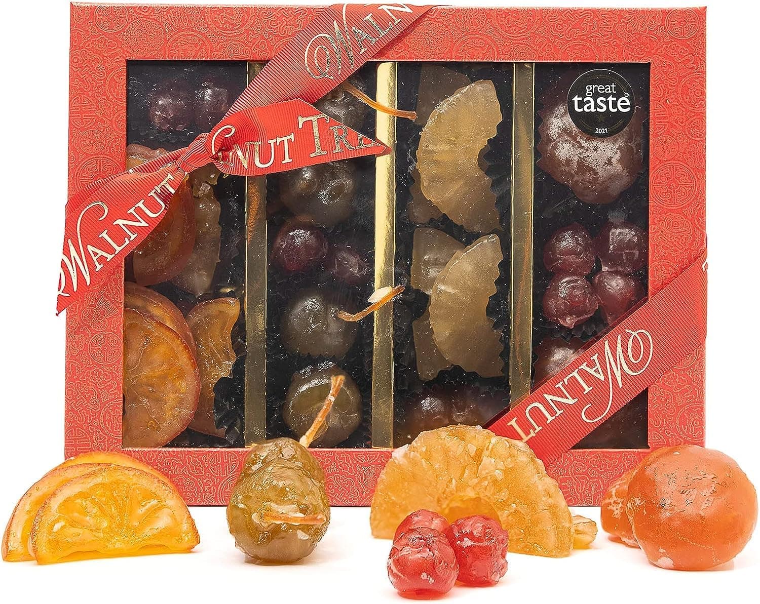 Walnut Tree | Glace Fruit Box Selection | Handpacked in the UK with Glace Mandarin, Glace Pineapple, Glace Apple, Glace Cherry, Glace Pear in a Traditional Festive Presentation Gifting Box | 430g pack