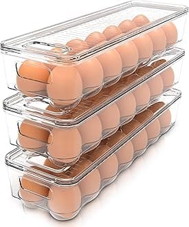 Egg Container With Lid and Handle for Refrigerator - Pack of 3 - Clear Stackable Egg Holder for Kitchen Storage and organization