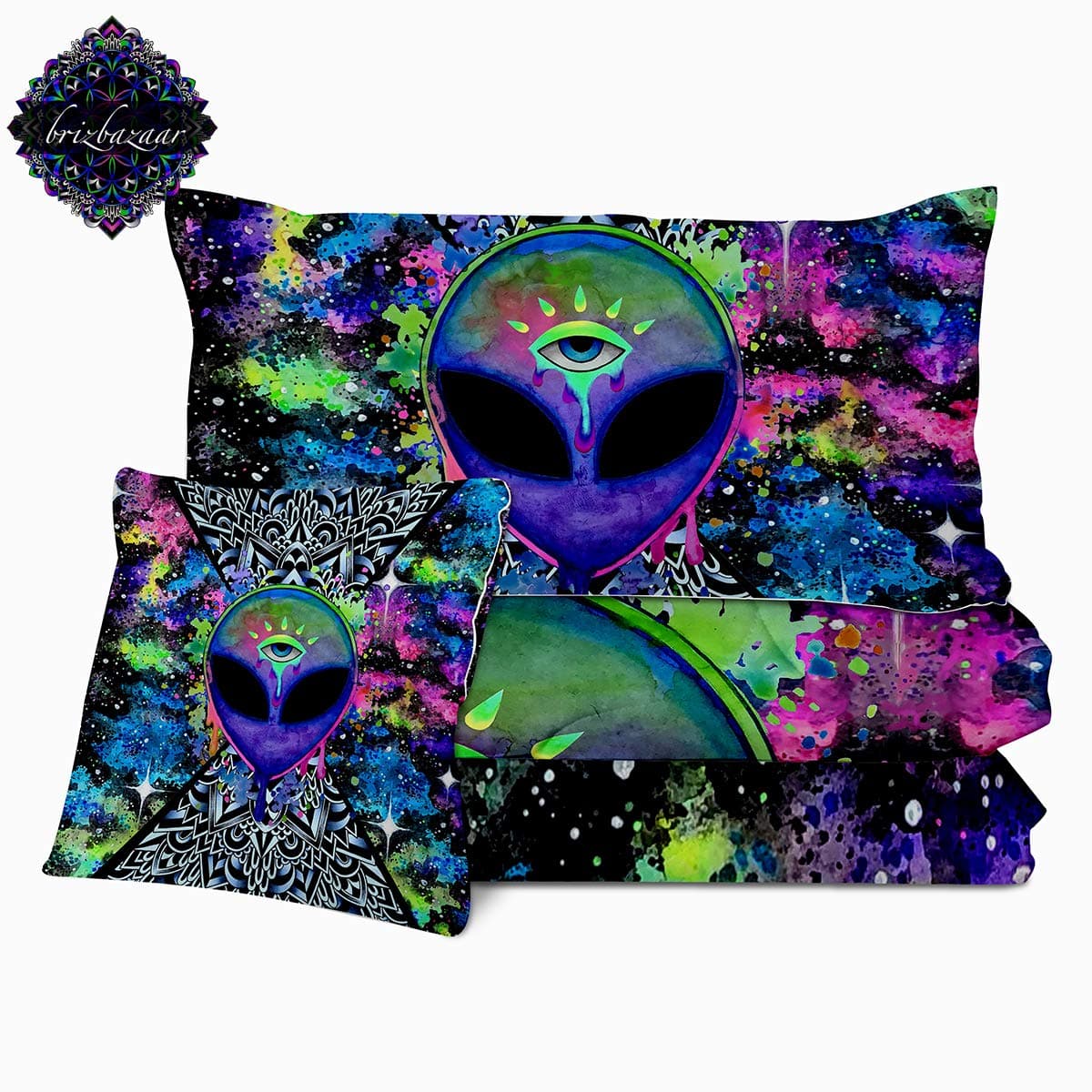 SleepWish Trippy Alien by Brizbazaar Comforter Set Hippie Full Size Set Colorful Psychedelic Bedding Neon Alien Bed Set Outer Space Tie Dye Bedspread for Teens Boys Girls (Full, Blue, 4 Pieces)