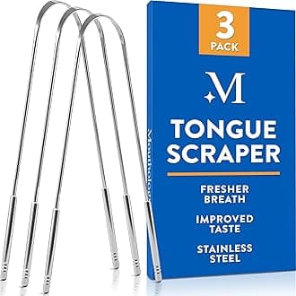 Mouthology Tongue Scraper for Adults (3 Pack) - Improved Tongue Cleaning & Fresh Breath, Stainless Steel Tongue Scraper, Metal Tongue Scraper, Tongue Sweeper Kids Tongue Scraper, Ayurvedic