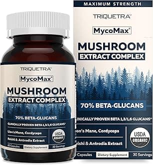 MycoMax Mushroom Complex - 70% Beta Glucans, Max Potency Mushroom Supplement, US Grown + Ultrasonic Extraction - Lions Mane, Cordyceps, Reishi & More - Cognition, Immunity, Energy - 60 capsules